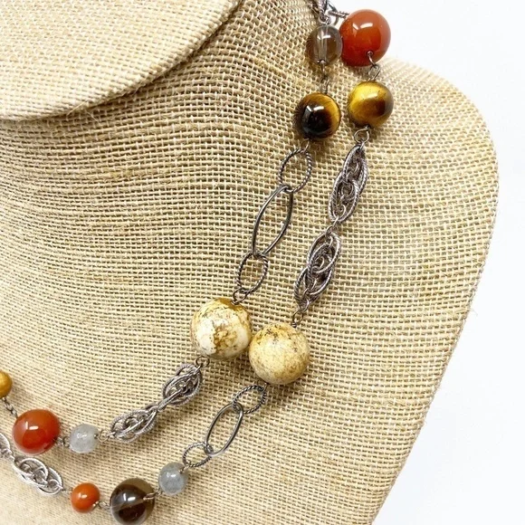 Earth Tone Beads & Silver Oval Links 36 Necklace